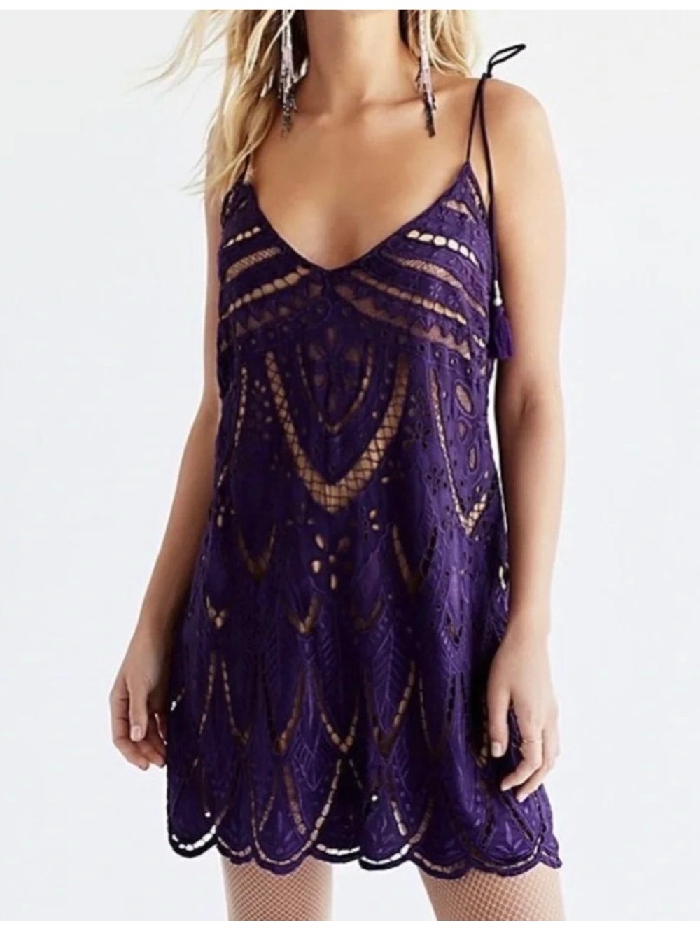 Free People PYT Purple Lace Overlay Slip Mini Dress, XS